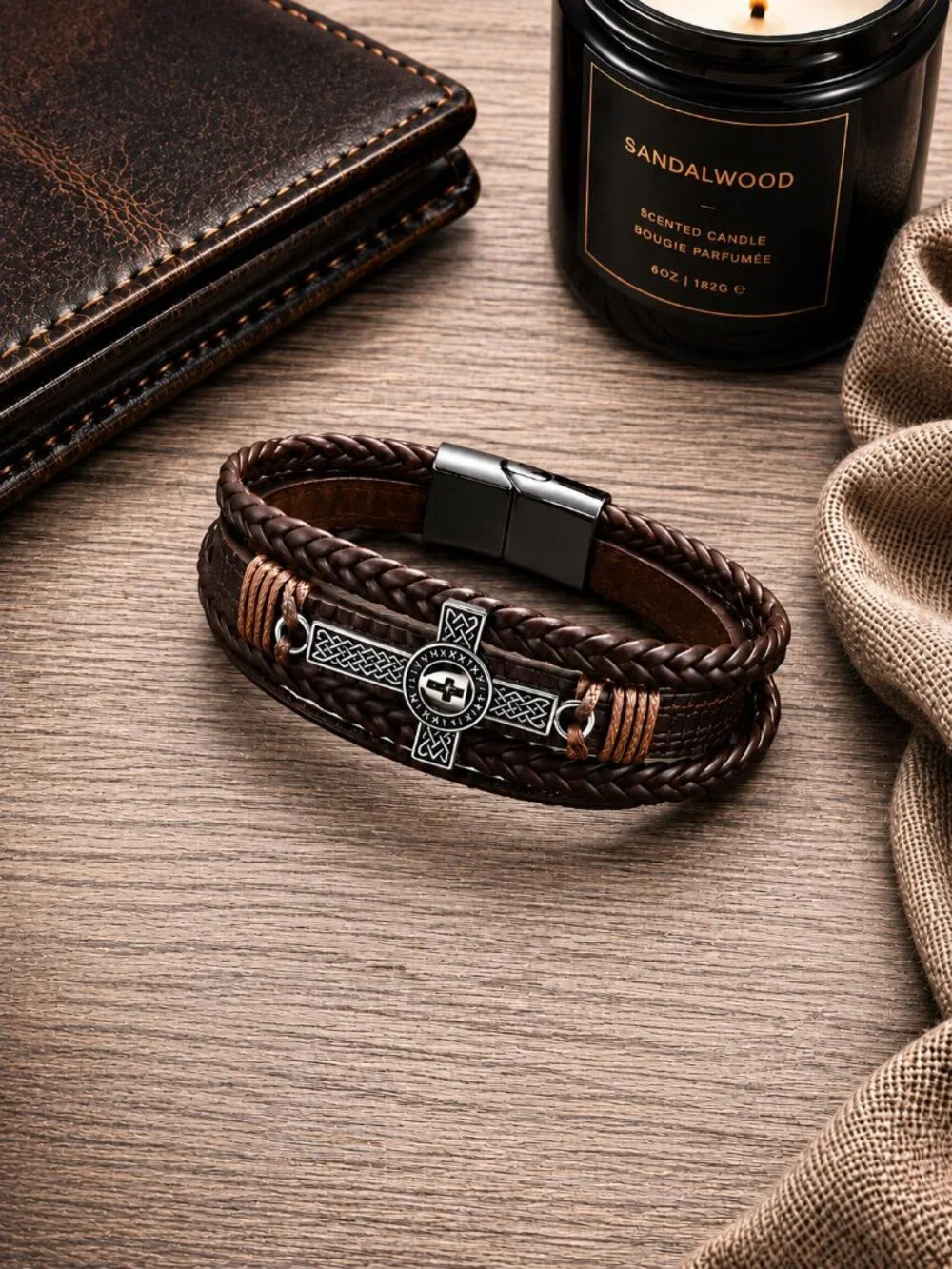 Brown Braided Leather Cross Bracelet Celtic Stainless Steel Magnetic Unisex